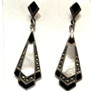 VTG Art Deco Sterling Marcasite Onyx Mother Of Pearl Drop Pierced Earrings 925